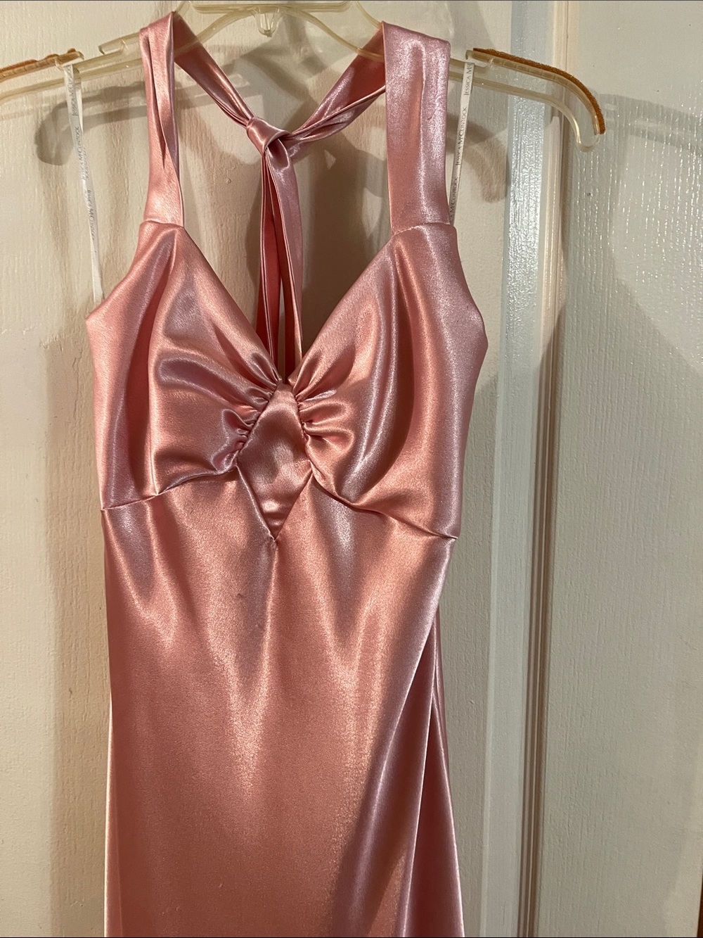 Jessica McClintock Satin Halter Gown in Rose Pink